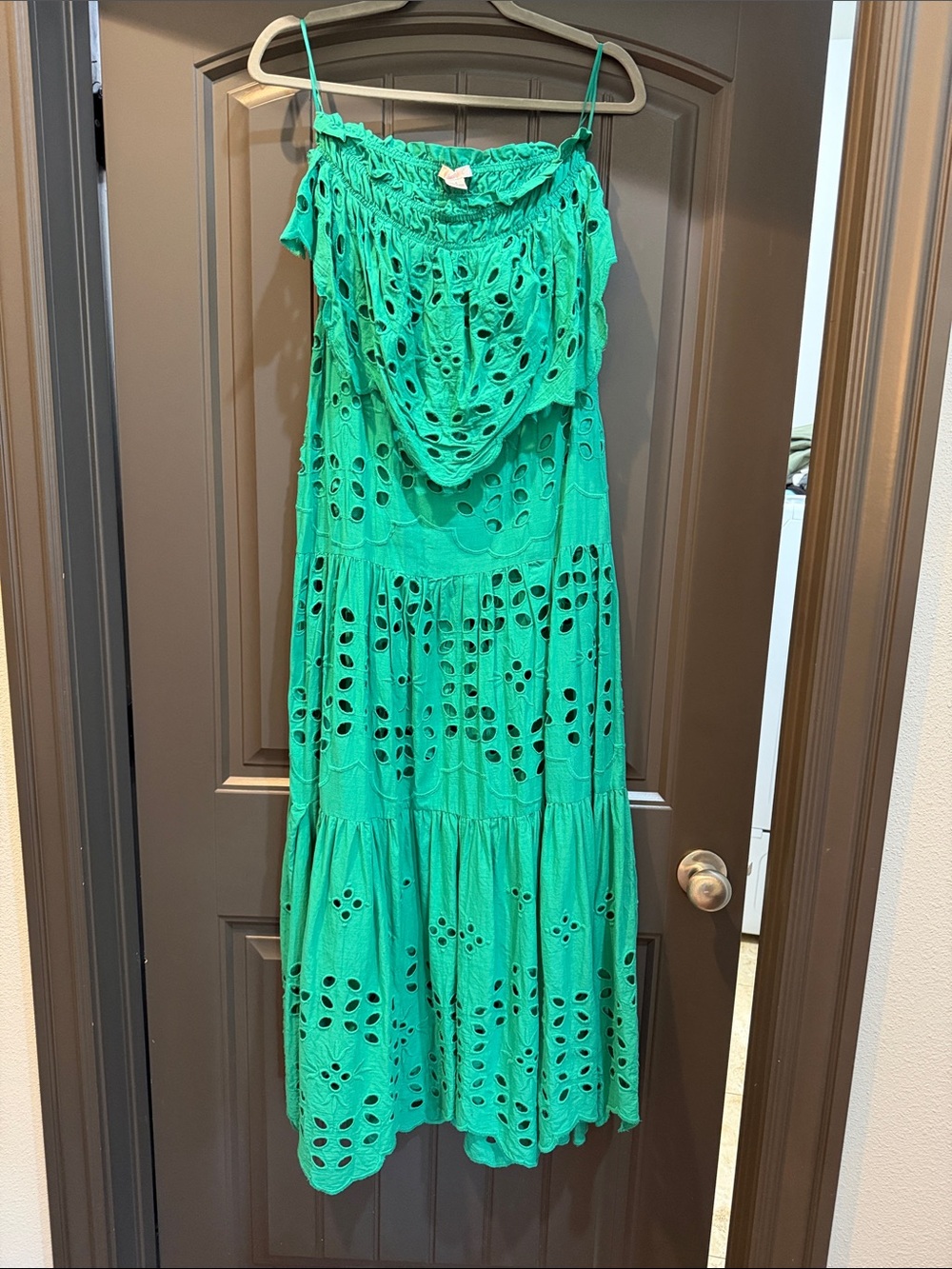 Green Eyelet Maxi skirt and eyelet top set.